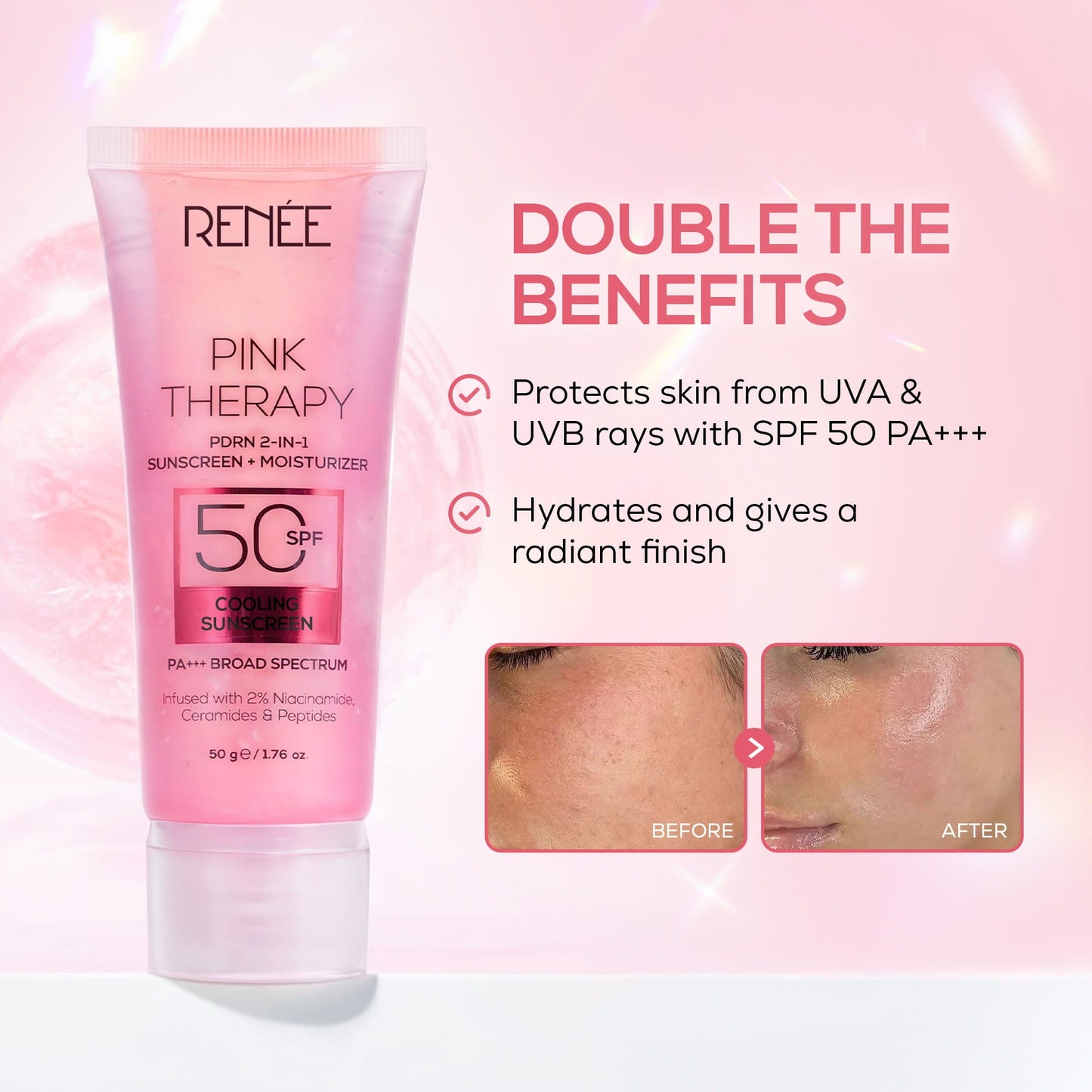 RENEE Pink Therapy PDRN 2-In-1 Sunscreen + Moisturizer | In-Vivo Tested SPF 50 PA+++ With 2% Niacinamide, Ceramides & Peptides, 50g